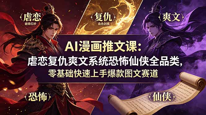 AI漫画推文课：虐恋复仇爽文系统恐怖仙侠全品类，零基础快速上手爆款图文赛道-niguangts