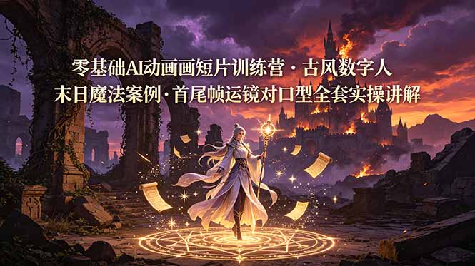零基础AI动画短片训练营，古风数字人末日魔法案例，首尾帧运镜对口型全套实操讲解-niguangts