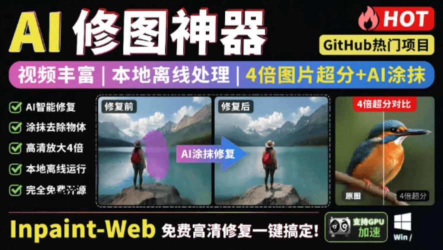 本地离线处理，4倍图片超分+AI涂抹去水印！Github上热门神器，免费高清修复图一键搞定！Inpaint-Web-niguangts