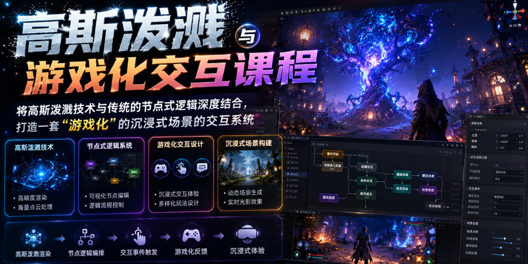 高斯泼溅与游戏化交互课程，将高斯泼溅技术与传统的节点式逻辑深度结合，打造一套“游戏化”的沉浸式场景的交互系统-niguangts