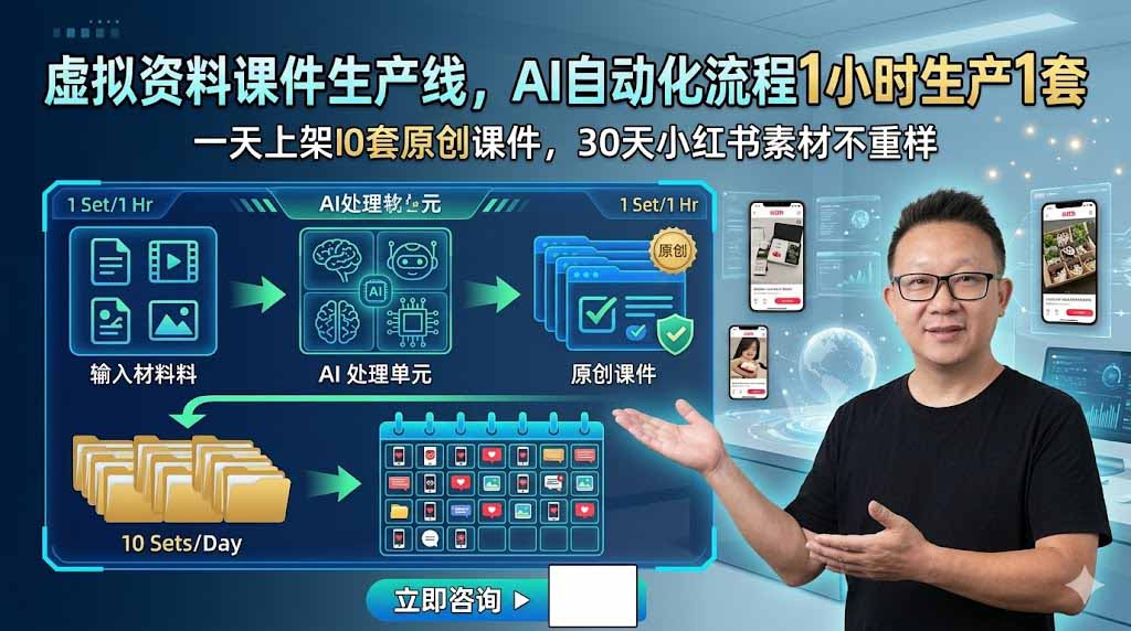 虚拟资料课件生产线，AI自动化流程1小时生产1套，一天上架10套原创课件，30天小红书素材不重样-niguangts