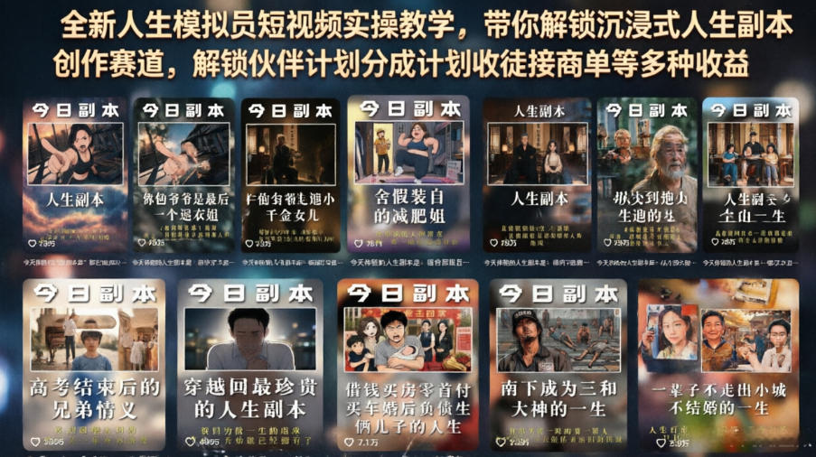 全新人生模拟员短视频实操教学，带你解锁沉浸式人生副本创作赛道，解锁伙伴计划分成计划收徒接商单等多种收益-niguangts