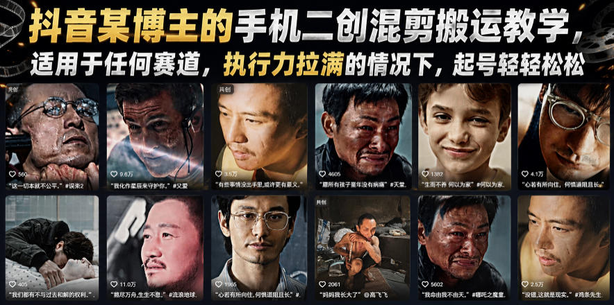 抖音某博主的手机二创混剪搬运教学，适用于任何赛道，执行力拉满的情况下，起号轻轻松松-niguangts