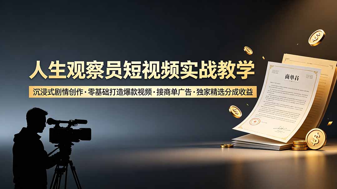 人生观察员短视频实战教学，沉浸式剧情创作，零基础打造爆款视频，接商单广告，独家精选分成收益-niguangts