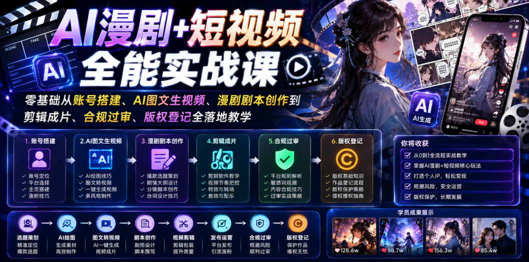 AI漫剧+短视频全能实战课｜零基础从账号搭建、AI图文生视频、漫剧剧本创作到剪辑成片、合规过审、版权登记全落地教学-niguangts