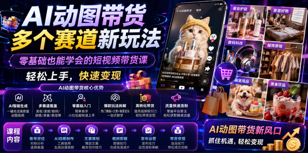 AI动图带货多个赛道新玩法，零基础也能学会的短视频带货课，轻松上手，快速变现-niguangts