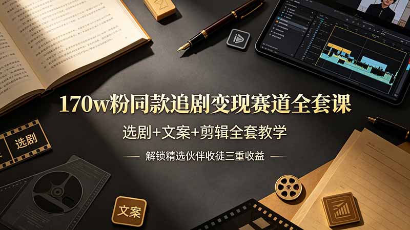 170w粉博主同款追剧变现赛道全套课，选剧+文案+剪辑全套教学，解锁精选伙伴收徒三重收益-niguangts