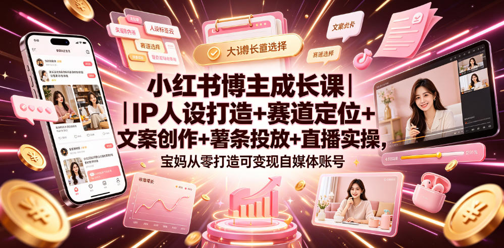 小红书博主成长课｜IP人设打造+赛道定位+文案创作+薯条投放+直播实操，宝妈从零打造可变现自媒体账号-niguangts
