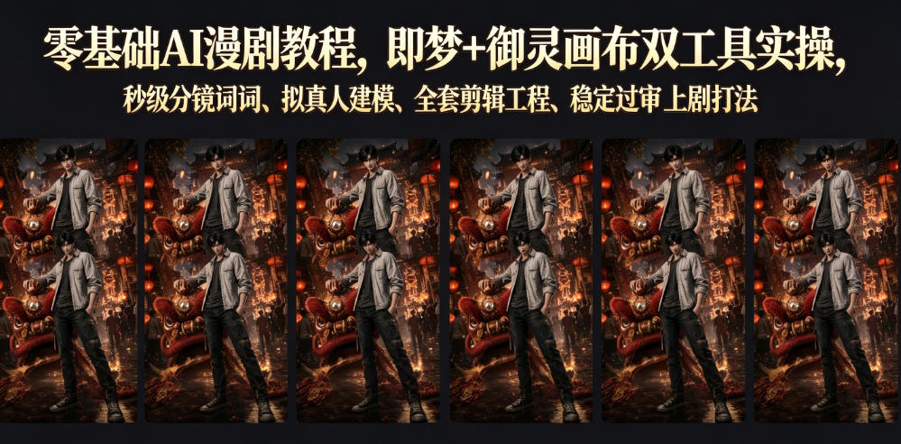 零基础AI漫剧教程，即梦+御灵画布双工具实操，秒级分镜提示词、拟真人建模、全套剪辑工程、稳定过审上剧打法-niguangts