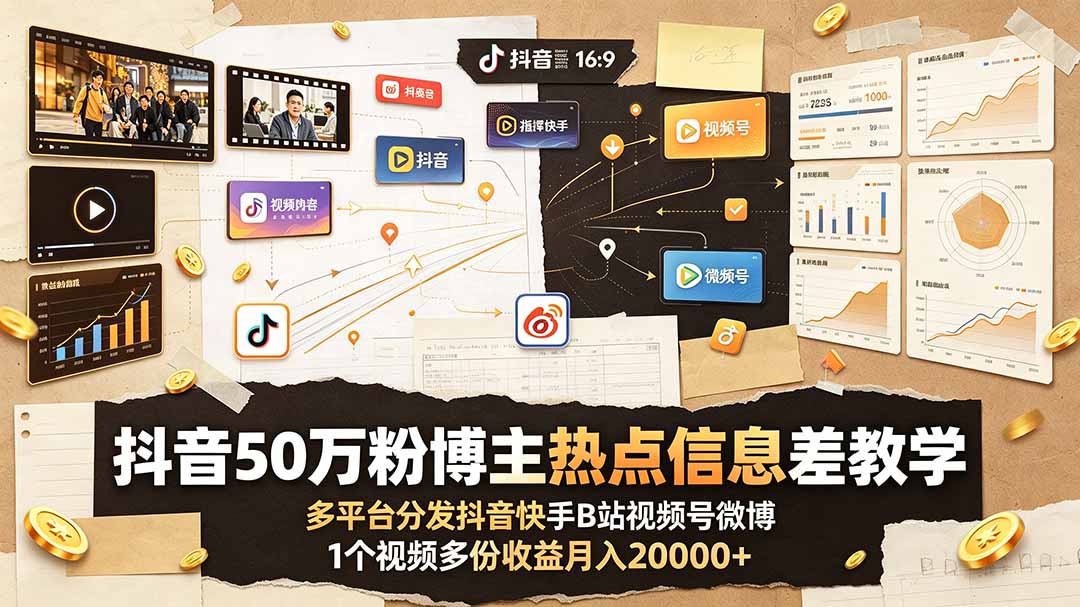 抖音50万粉博主热点信息差教学：多平台分发抖音快手B站视频号微博，1个视频多份收益月入20000+-niguangts