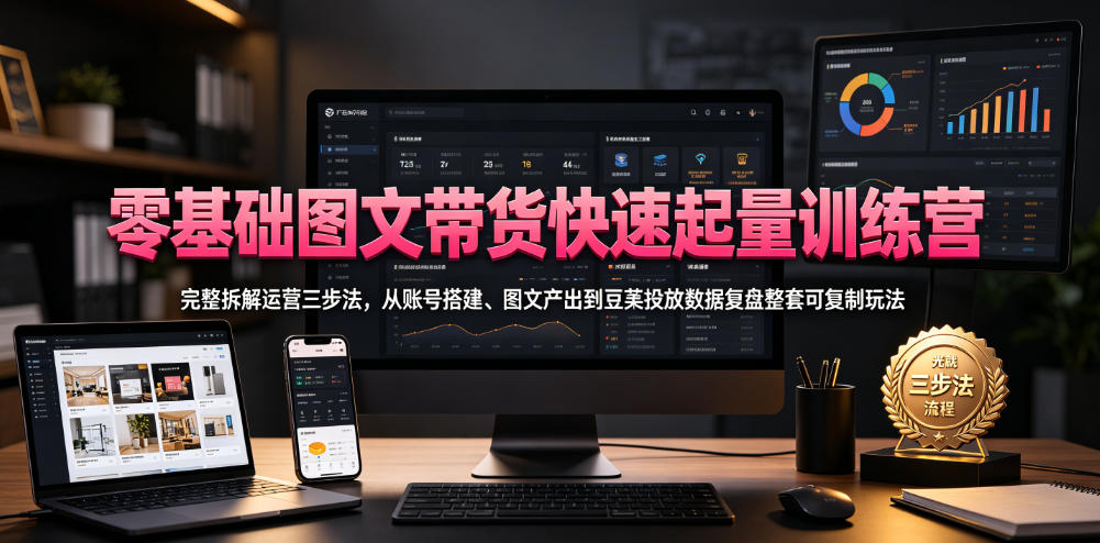 零基础图文带货快速起量训练营，完整拆解运营三步法，从账号搭建、图文产出到豆荚投放数据复盘整套可复制玩法-niguangts