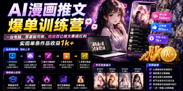 AI漫画推文爆单训练营，一台电脑，零基础可做，吃透百亿推文赛道红利，实现单条作品收益1k+-niguangts