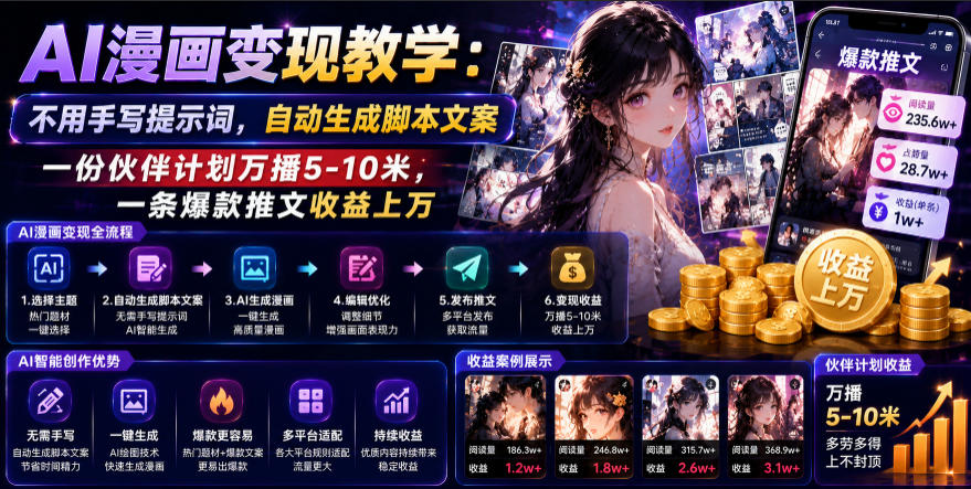 AI漫画变现教学：不用手写提示词，自动生成脚本文案，一份伙伴计划万播5-10米，一条爆款推文收益上W-niguangts