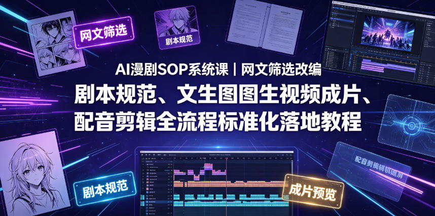 AI漫剧SOP系统课｜网文筛选改编、剧本规范、文生图图生视频成片、配音剪辑全流程标准化落地教程-niguangts