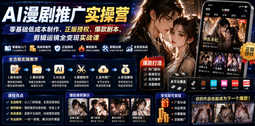 AI漫剧推广实操营｜零基础低成本制作、正版授权、爆款剧本、剪辑运镜全变现实战课-niguangts