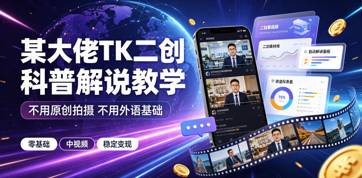 某大佬TK二创科普解说教学，不用原创拍摄不用外语基础，零基础做TikTok中视频稳定变现-niguangts
