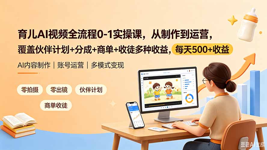 育儿AI视频全流程0-1实操课，从制作到运营，覆盖伙伴计划+分成+商单+收徒多种收益，每天500+收益-niguangts