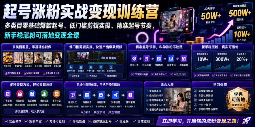 苗子起号涨粉实战变现训练营，多类目零基础爆款起号、精准起号节奏、新手稳涨粉可落地变现全课-niguangts