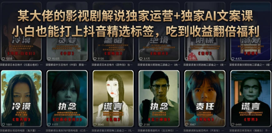 某大佬的影视剧解说独家运营+独家AI文案课,小白0粉丝也能快速打上抖音精选标签、吃到收益翻倍福利-niguangts
