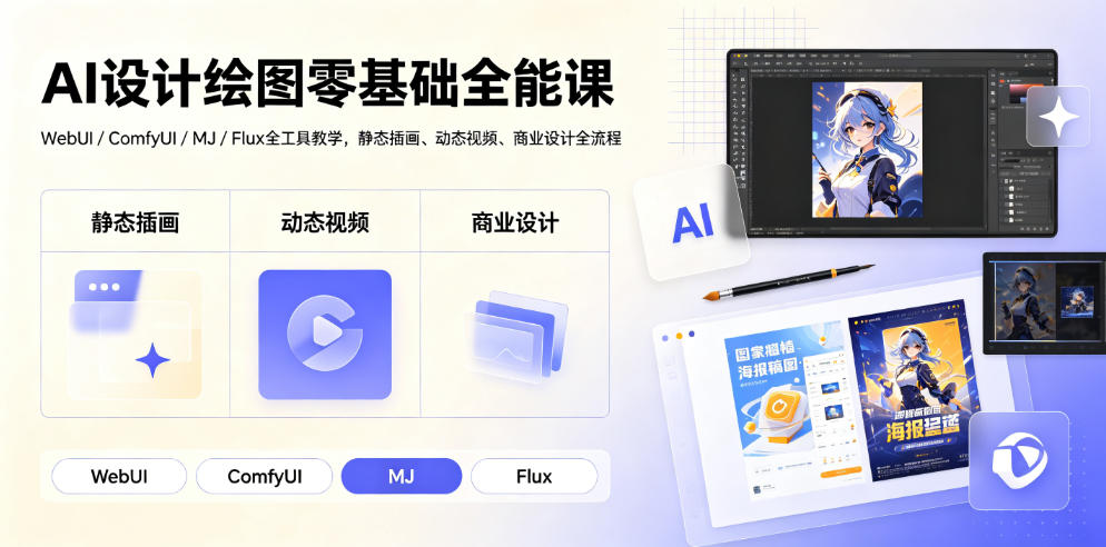 AI设计绘图零基础全能课｜WebUI/ComfyUI/MJ/Flux全工具教学，静态插画、动态视频、商业设计全流程-niguangts