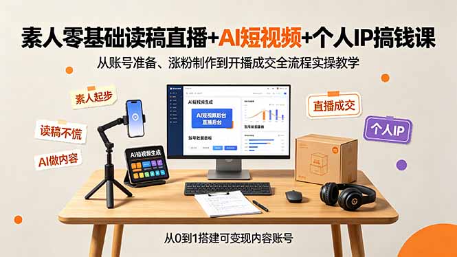 素人零基础读稿直播+AI短视频+个人IP搞钱课，从账号准备、涨粉制作到开播成交全流程实操教学-niguangts