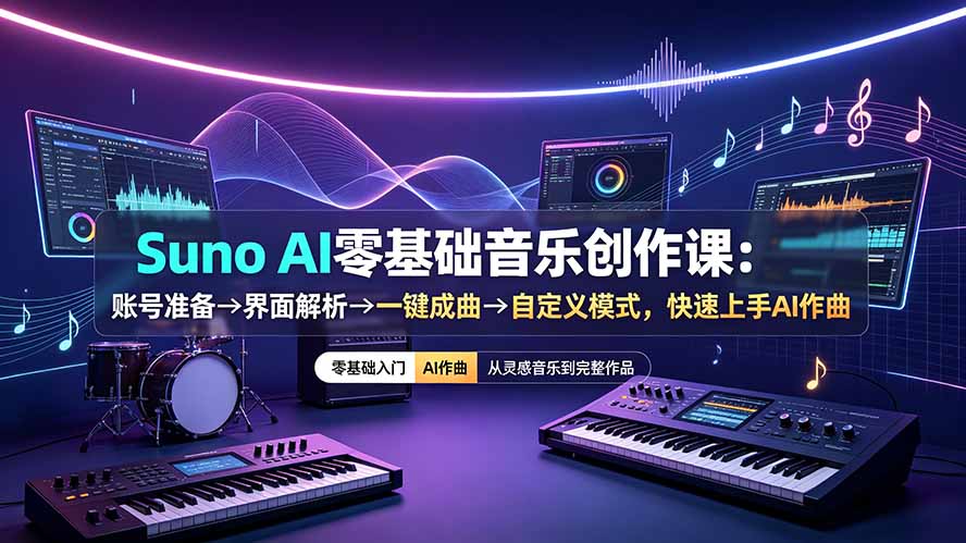 Suno AI零基础音乐创作课：账号准备→界面解析→一键成曲→自定义模式，快速上手AI作曲-niguangts