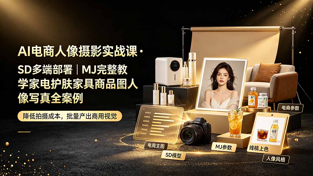AI电商人像摄影实战课·SD多端部署｜MJ完整教学｜家电护肤家具商品图人像写真全案例-niguangts