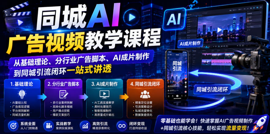同城AI广告视频教学课程，从基础理论、分行业广告脚本、AI成片制作到同城引流闭环一站式讲透-niguangts