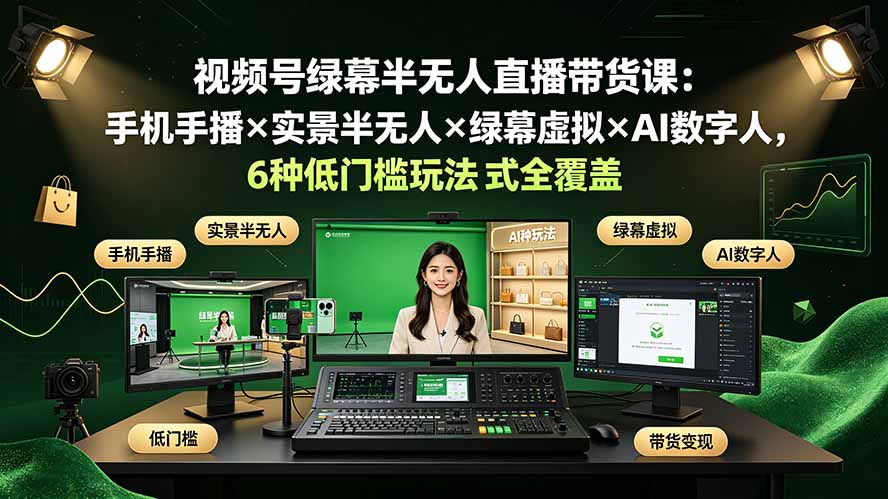 视频号绿幕半无人直播带货课：手机手播×实景半无人×绿幕虚拟×AI数字人，6种低门槛玩法全覆盖-niguangts