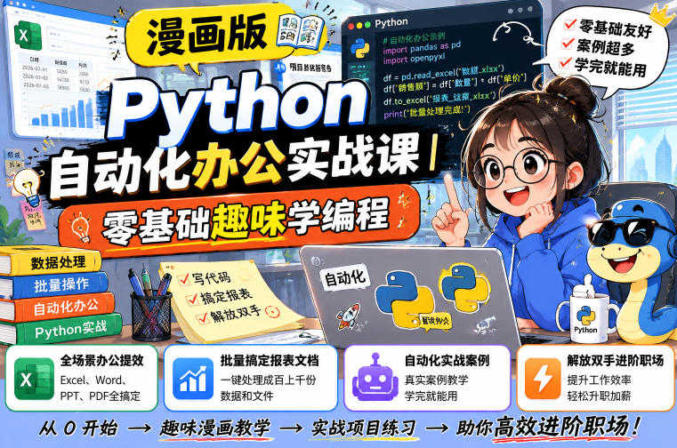 漫画版Python自动化办公实战课｜零基础趣味学编程，全场景办公提效、批量搞定报表文档、解放双手进阶职场-niguangts