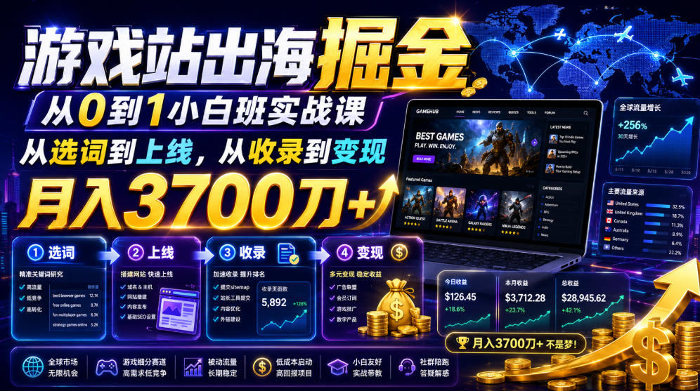 游戏站出海掘金从0到1小白实战课，从选词到上线，从收录到变现，月入3700刀+-niguangts
