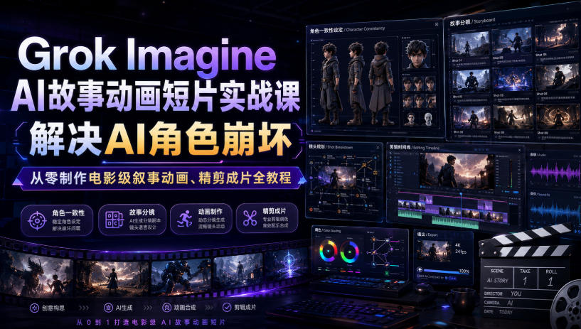 Grok Imagine AI故事动画短片实战课｜解决AI角色崩坏，从零制作电影级叙事动画、精剪成片全教程(中英字幕)-niguangts
