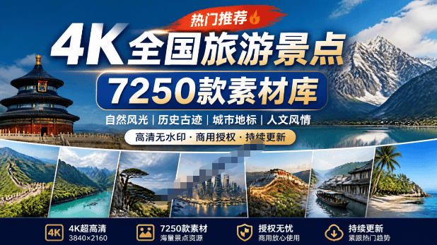 热门全国旅游风景素材！4K全国旅游景点素材库，7250款素材，旅行达人城市航拍风景风光高清短视频-niguangts