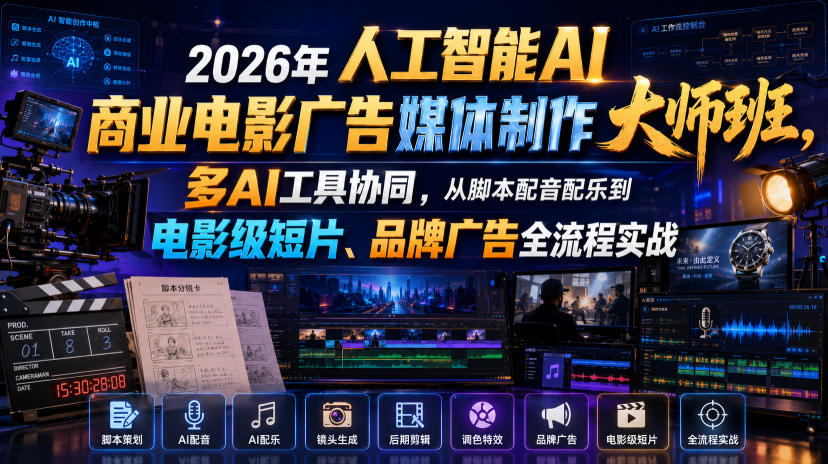 2026年人工智能AI商业电影广告媒体制作大师班，多AI工具协同，从脚本配音配乐到电影级短片、品牌广告全流程实战(中英字幕)-niguangts