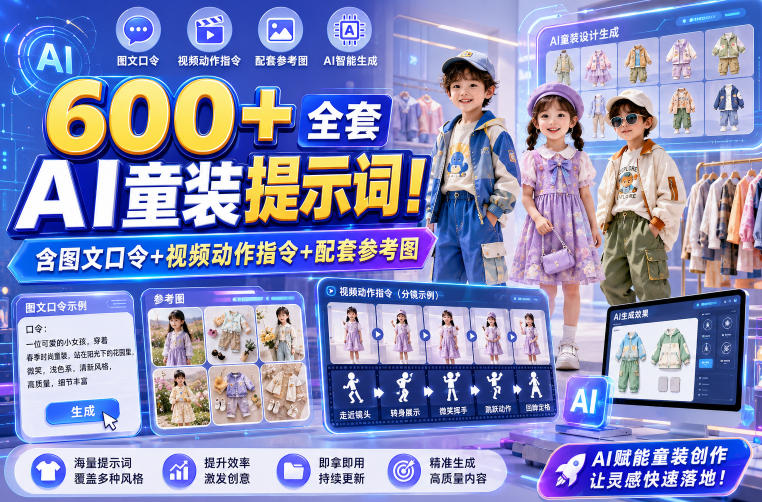 600+全套AI童装提示词！含图文口令+视频动作指令+配套参考图，Word-Excel规整分类，童装电商、种草无脑量产内容！-niguangts