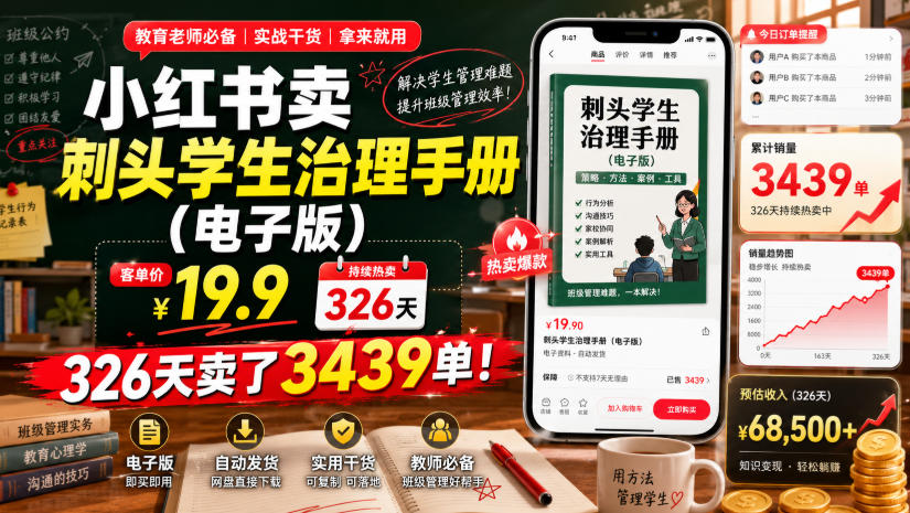 小红书卖刺头学生治理手册(电子版)，客单价19.9，326天卖了3439单！-niguangts