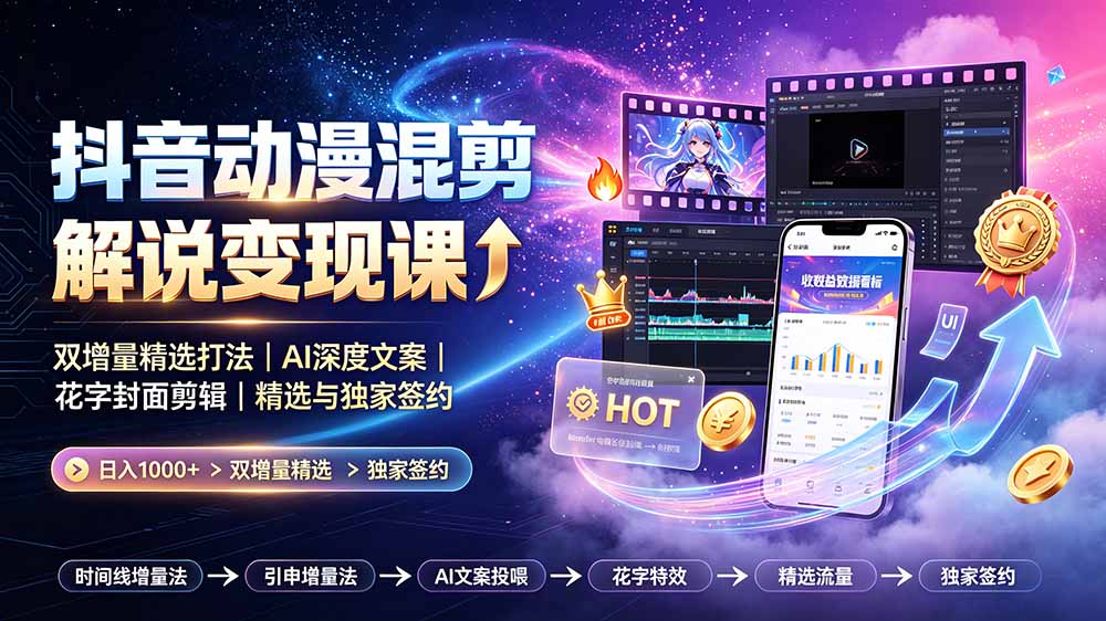 抖音动漫混剪解说变现课：双增量精选打法｜AI深度文案｜花字封面剪辑｜ 精选与独家签约日入1000+-niguangts