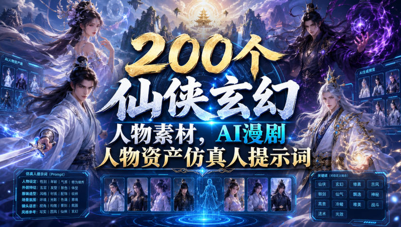 200个仙侠玄幻人物素材，AI漫剧人物资产仿真人提示词-niguangts