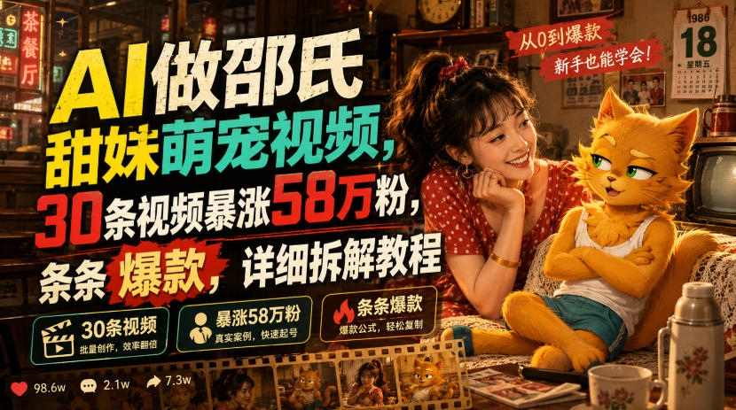 AI做邵氏甜妹萌宠视频，30条视频暴涨58万粉，条条爆款，详细拆解教程-niguangts