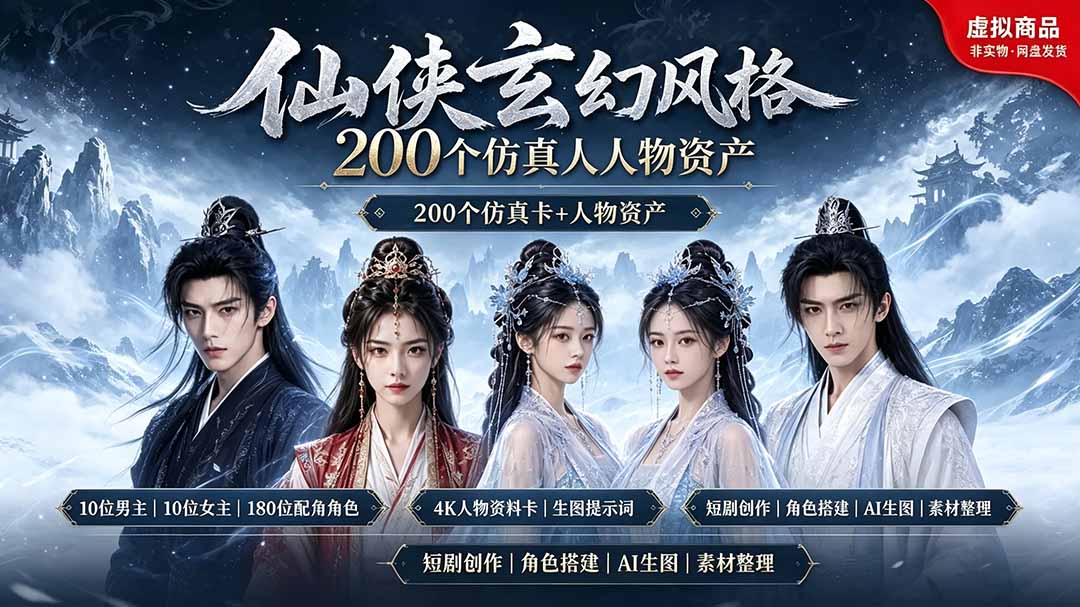 200个仙侠玄幻仿真人素材◆10男主×10女主×180配角，4K资料卡+AI生图提示词，漫剧必备-niguangts