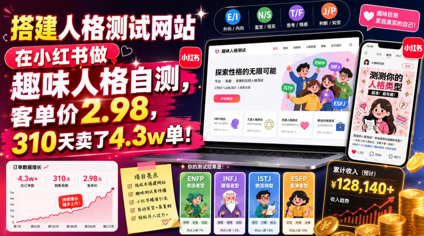 搭建人格测试网站在小红书做趣味人格自测，客单价2.98，310天卖了4.3w单！-niguangts