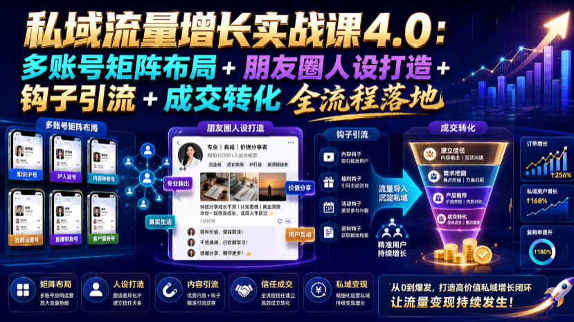 私域流量增长实战课4.0：多账号矩阵布局+朋友圈人设打造+钩子引流+成交转化全流程落地-niguangts