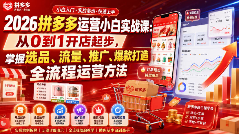 2026拼多多运营小白实战课：从0到1开店起步，掌握选品、流量、推广、爆款打造全流程运营方法-niguangts