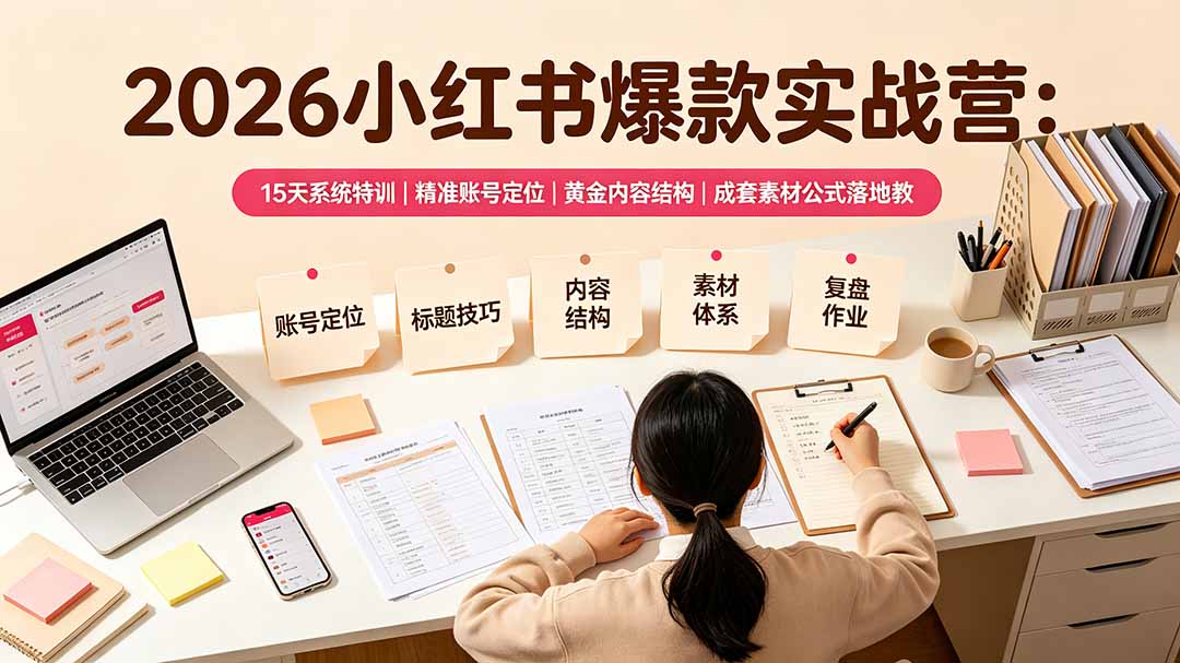 2026小红书爆款实战营：15天系统特训｜精准账号定位｜黄金内容结构｜成套素材公式落地教程-niguangts