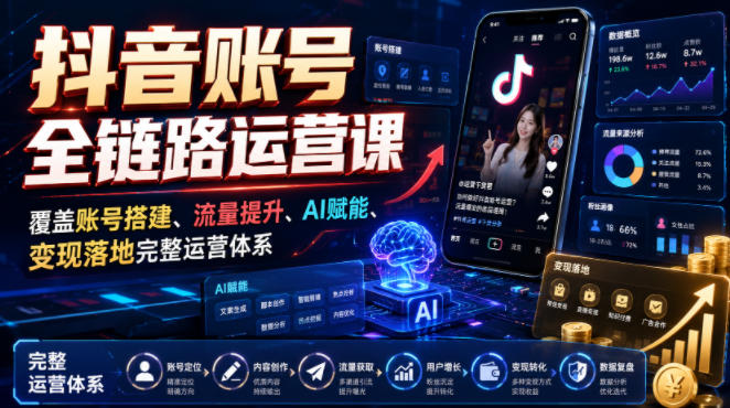 抖音账号全链路运营课，覆盖账号搭建、流量提升、AI赋能、变现落地完整运营体系-niguangts