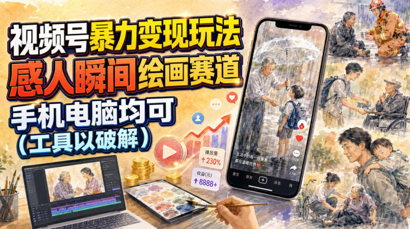 视频号暴力变现玩法，感人瞬间绘画赛道，手机电脑均可-niguangts