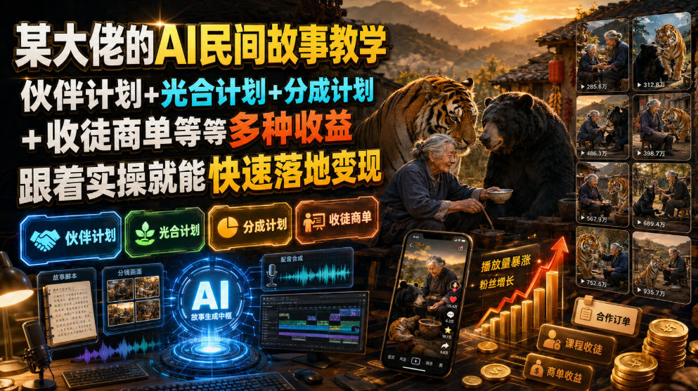 某大佬的AI民间故事教学，伙伴计划+光合计划+分成计划+收徒商单等多种收益，跟着实操就能快速落地变现-niguangts