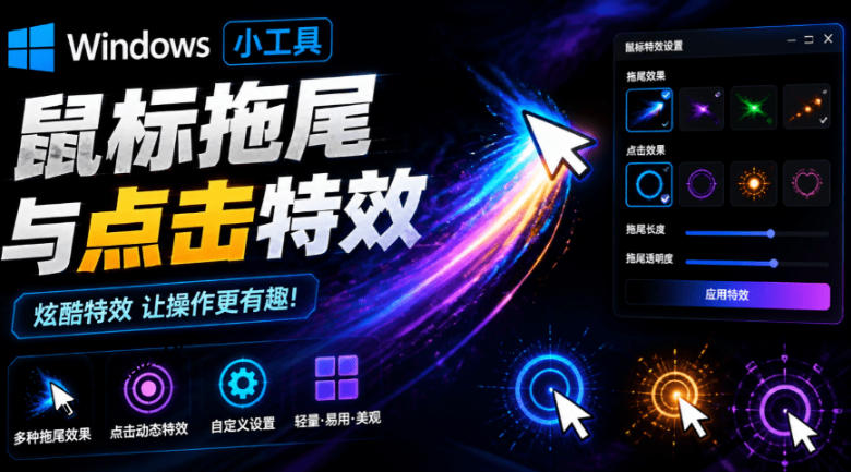 Windows特效小工具！一键给你的鼠标添加拖尾与点击动态特效，吾爱出品，免费使用Mouse Trail-niguangts