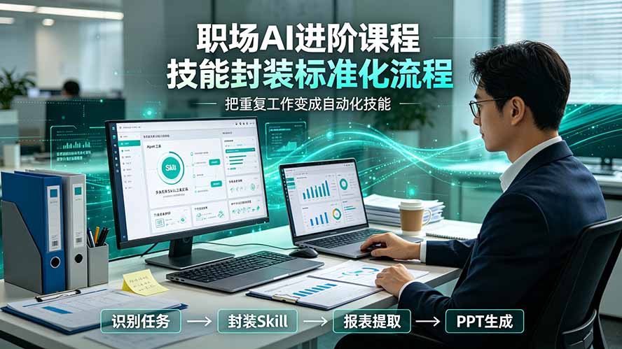 职场AI进阶课程；多类实用Skill工具实操，专属技能封装标准化流程，报表行业报告一键提取核心内容-niguangts