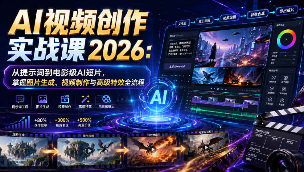 AI视频创作实战课2026：从提示词到电影级AI短片，掌握图片生成、视频制作与高级特效全流程-niguangts